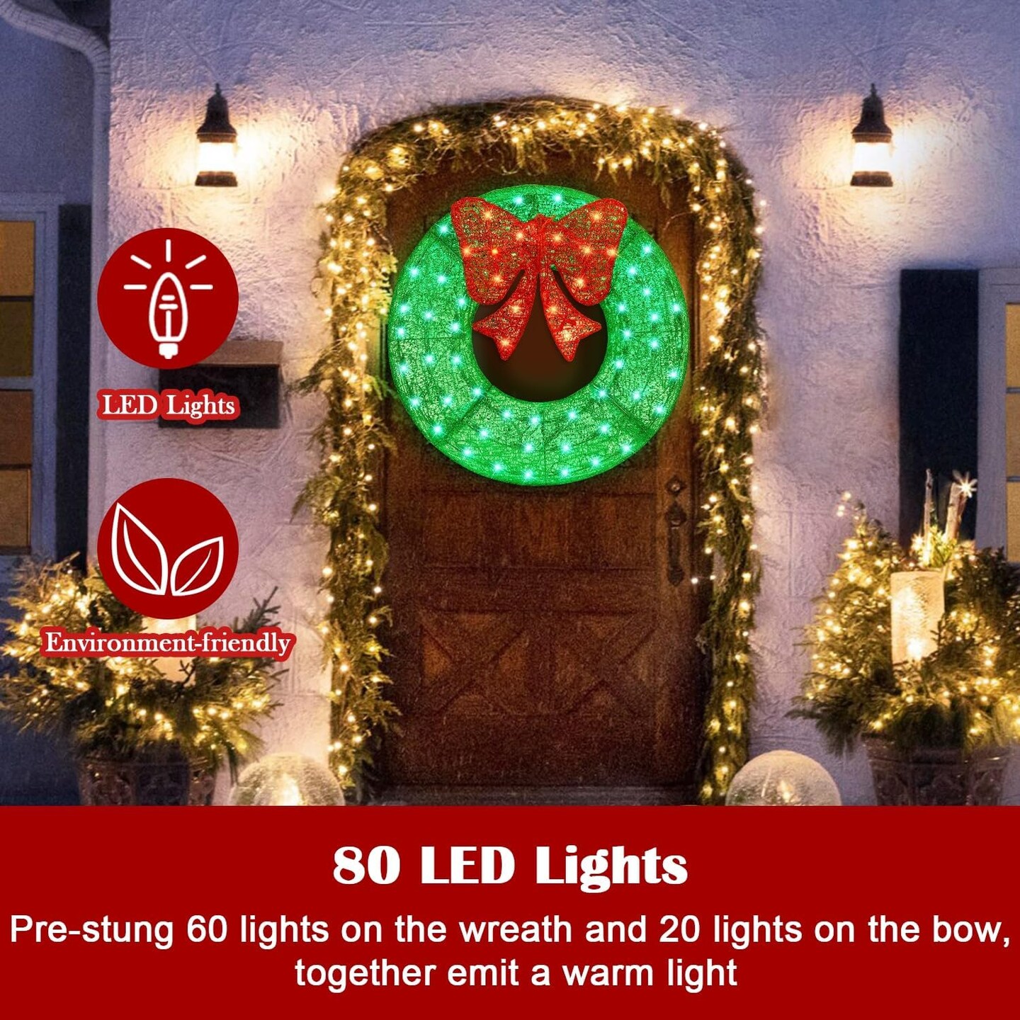 26 Inch Christmas Wreath, Outdoor Christmas Wreath Decoration, Lighted Xmas Wreath for Christmas Home Wall Door Decoration (Green)