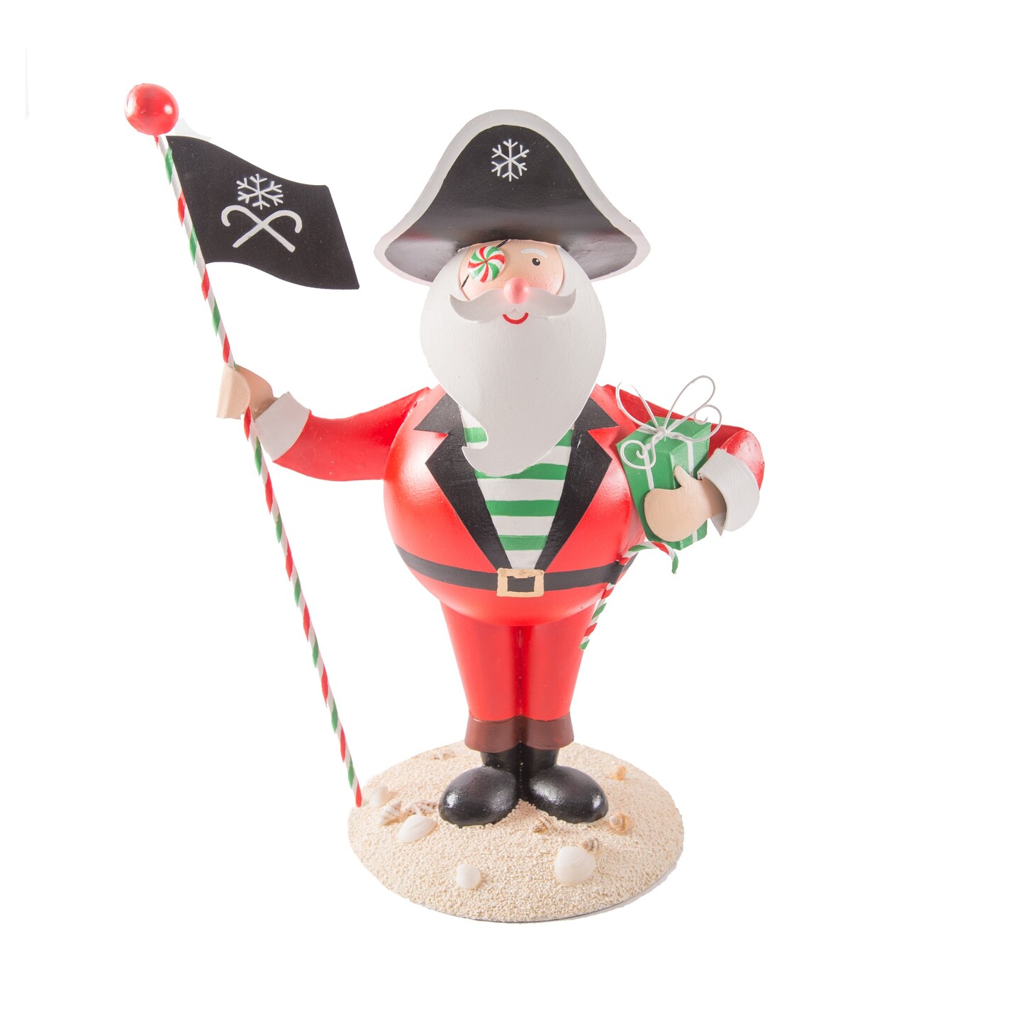 Peppermint Pirate Santa Table Decor Decoration Accent Plastic Iron Shells Christmas Mass Ocean Nautical Coastal 10.25 X 6 X 12.5
