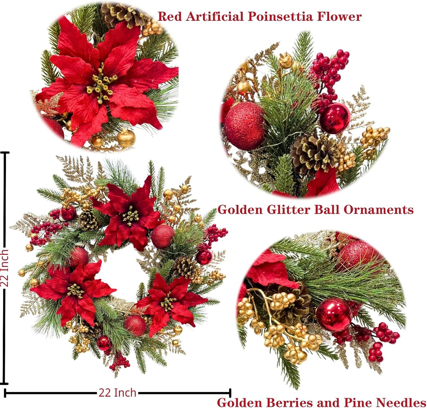 22 Inch Lighted Golden Glitter Christmas Wreath with Red Artificial Poinsettia Flowers Ball Ornaments Golden PineCones Berries for Door Wall Window Fireplace Holiday Decorations