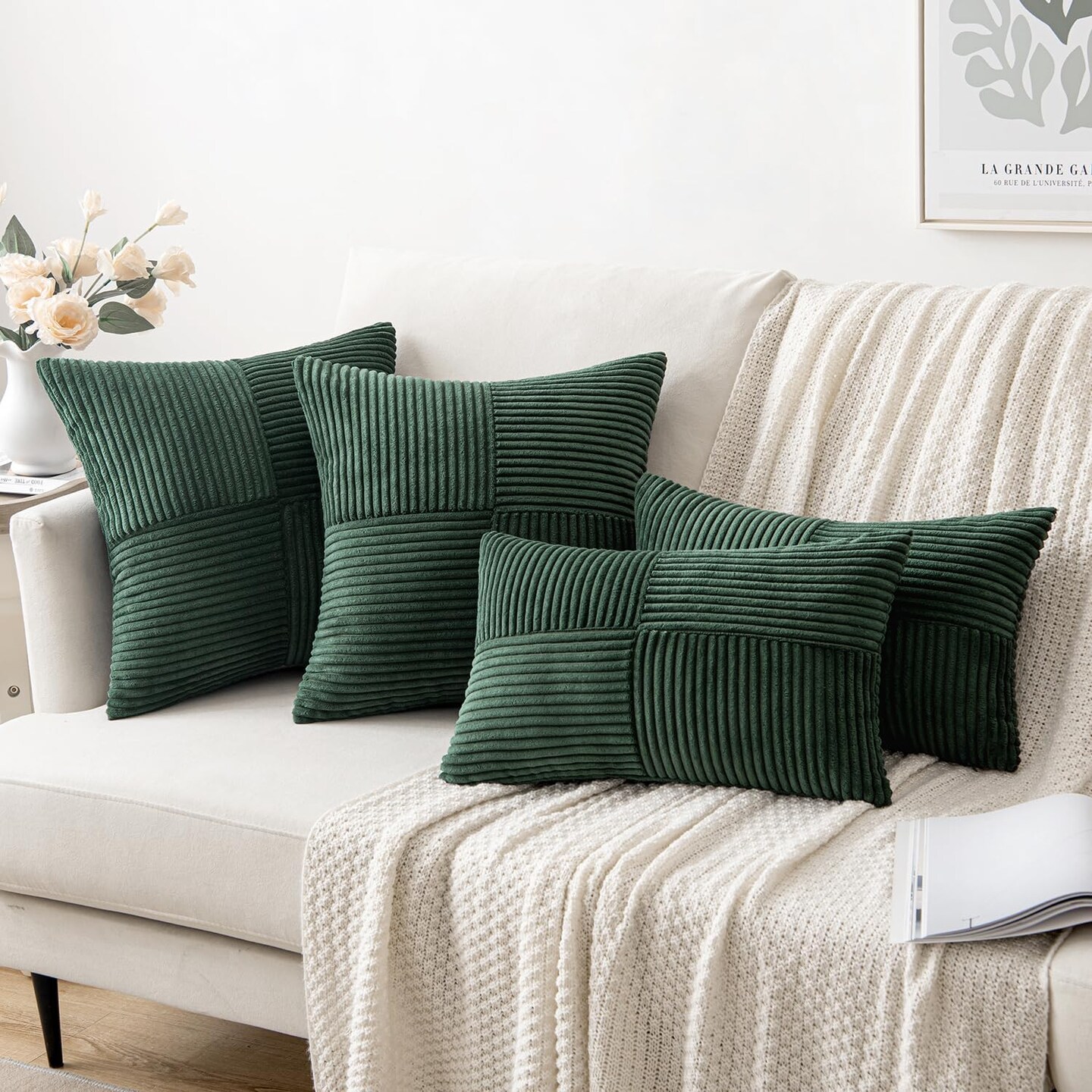 Christmas Army Green Corduroy Pillow Covers Pack of 2 Boho Decorative Spliced Throw Pillow Covers Soft Solid Couch Pillowcases Cross Patchwork Cushion Covers for Living Room Bed Sofa 18x18 inch