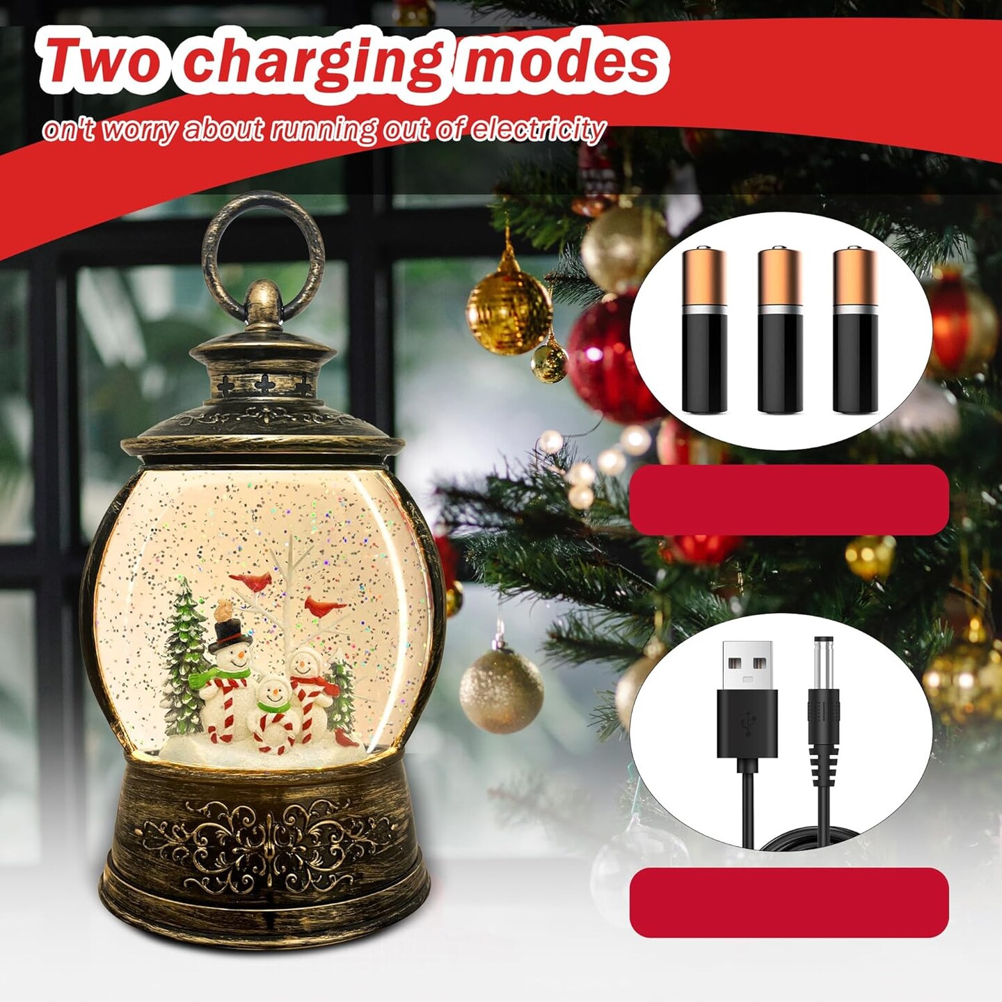 Snow Globe-Snowman Musical Christmas Lantern with 6 Hour Timer USB Lined/Battery Operated Retro Style Glitter Globe for Xmas Indoor Decoration and Santa Gifts