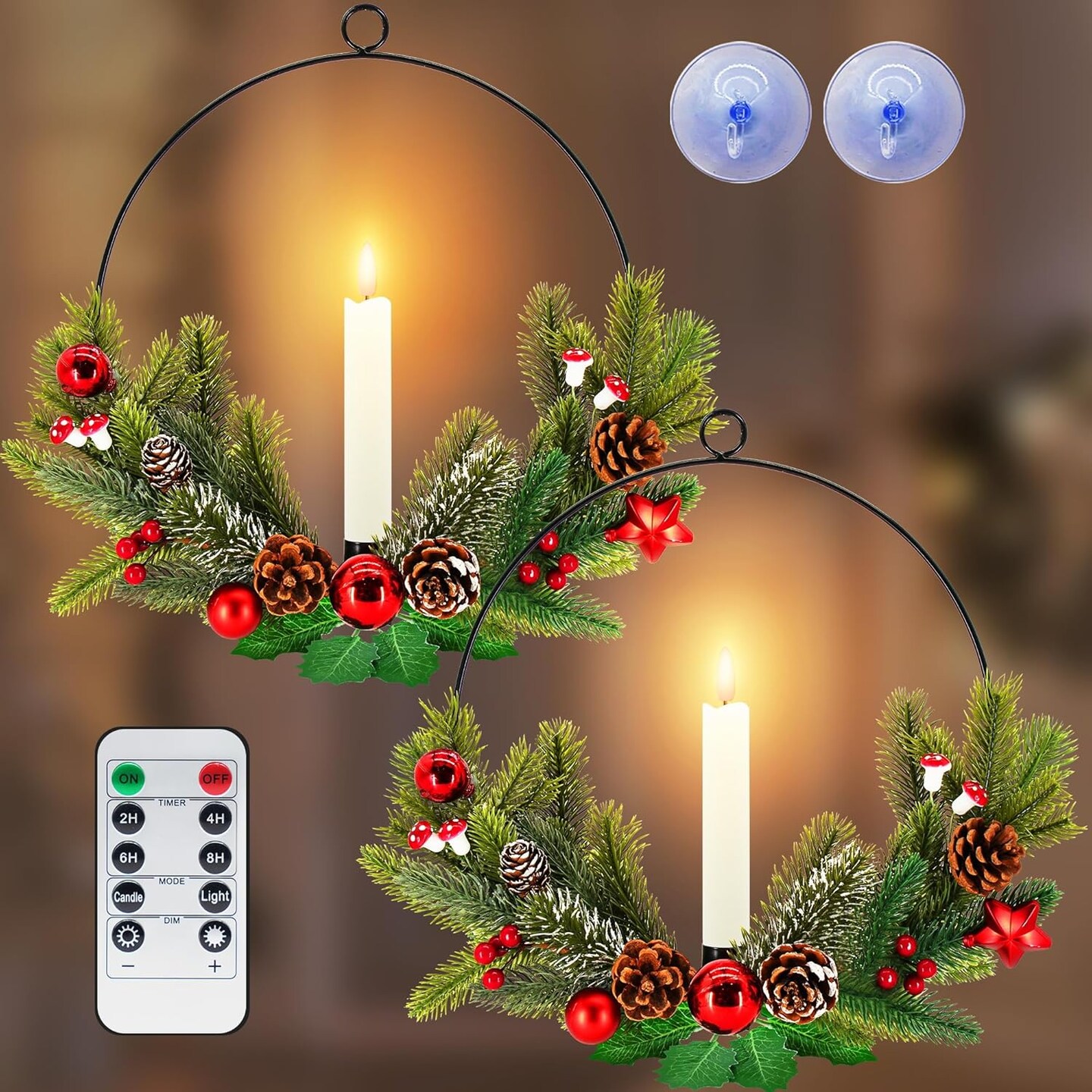 2Pack Christmas Wreaths for Front Door with Timer & Flickering LED Taper Candles & Remote, 16'' Windows Wreaths, Fireplace Christmas Decorations