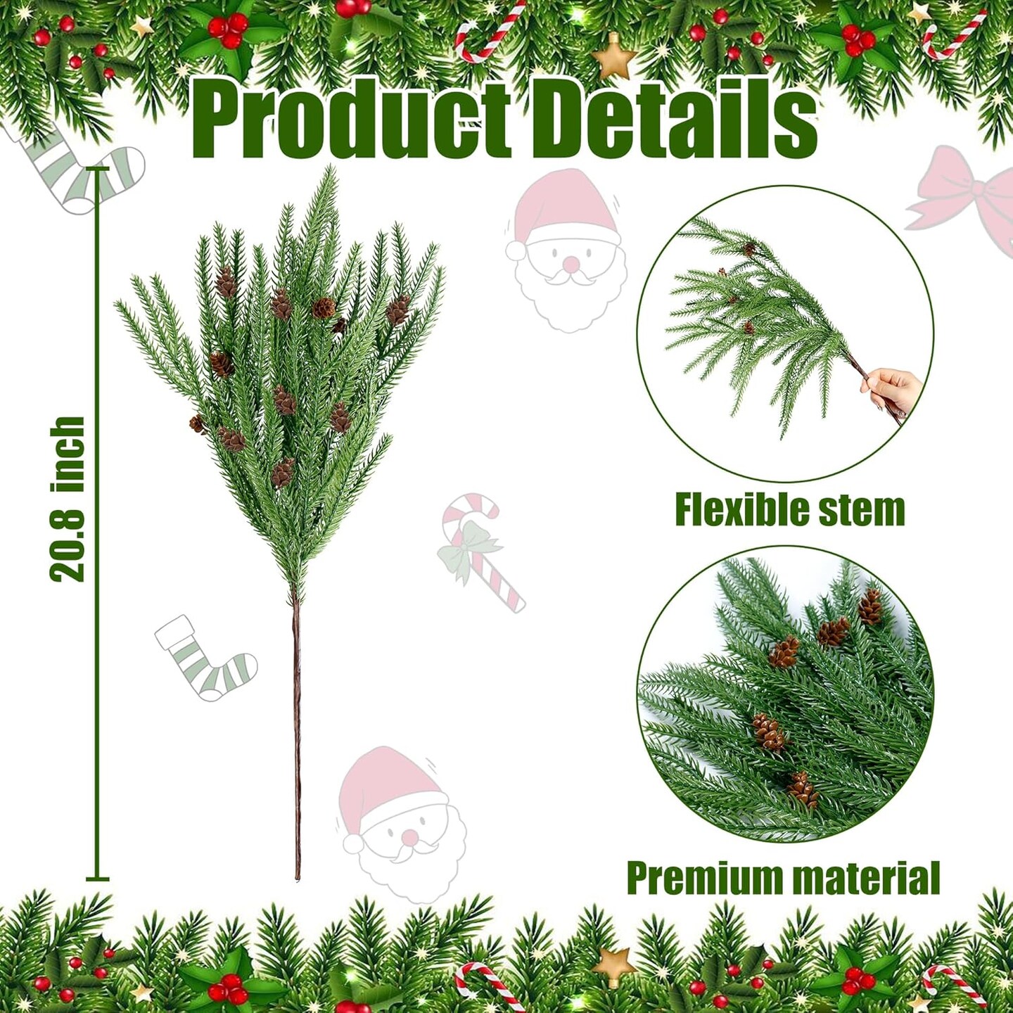 10 Pcs Christmas Norfolk Pine Branches with Pine Cones Artificial Christmas Branches Faux Christmas Greenery Norfolk Pine Stems Cedar Stems for Xmas Home DIY Crafts Garland Indoor Decor