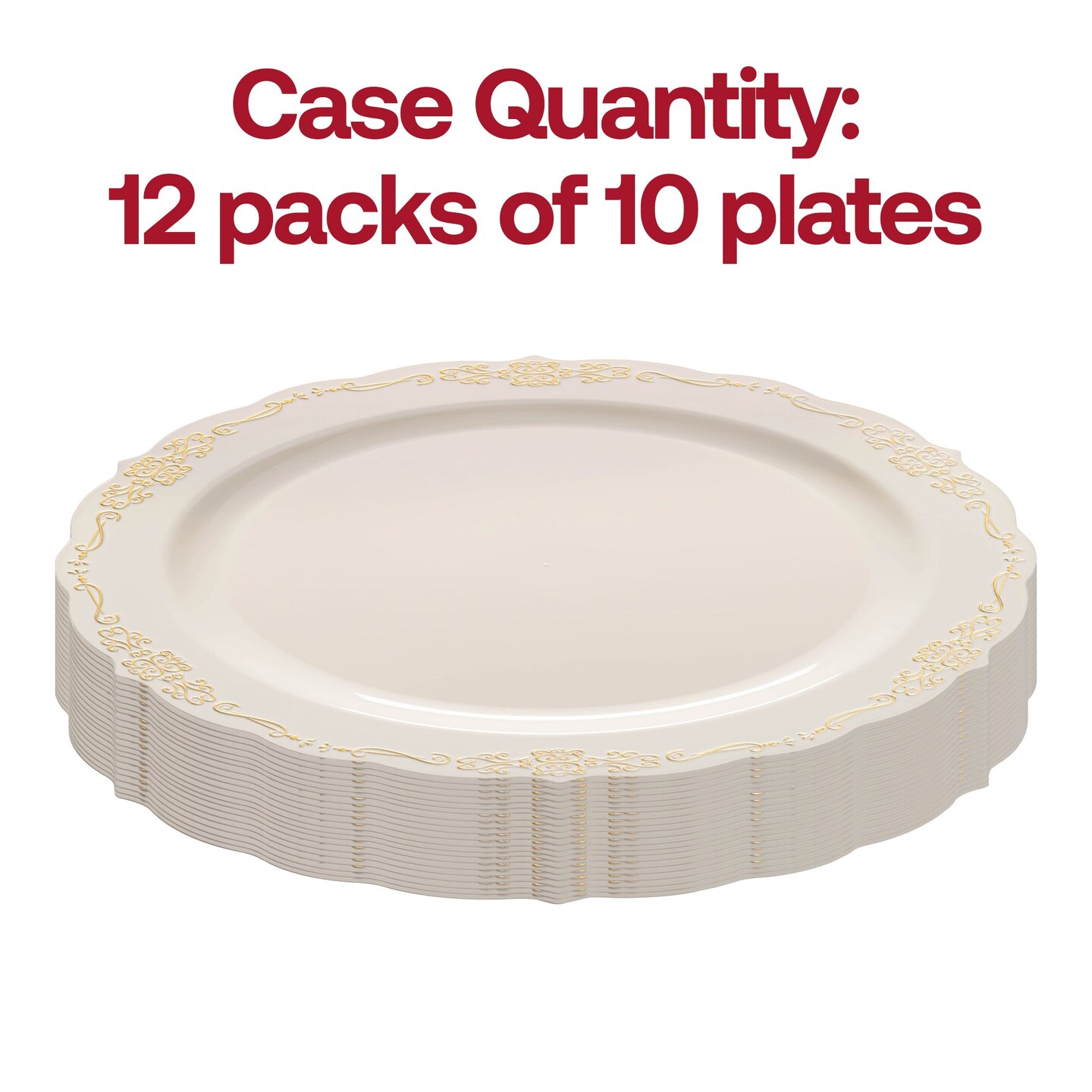 Ivory with Gold Vintage Rim Round Disposable Plastic Dinner Plates - 10&#x22; (120 Plates)