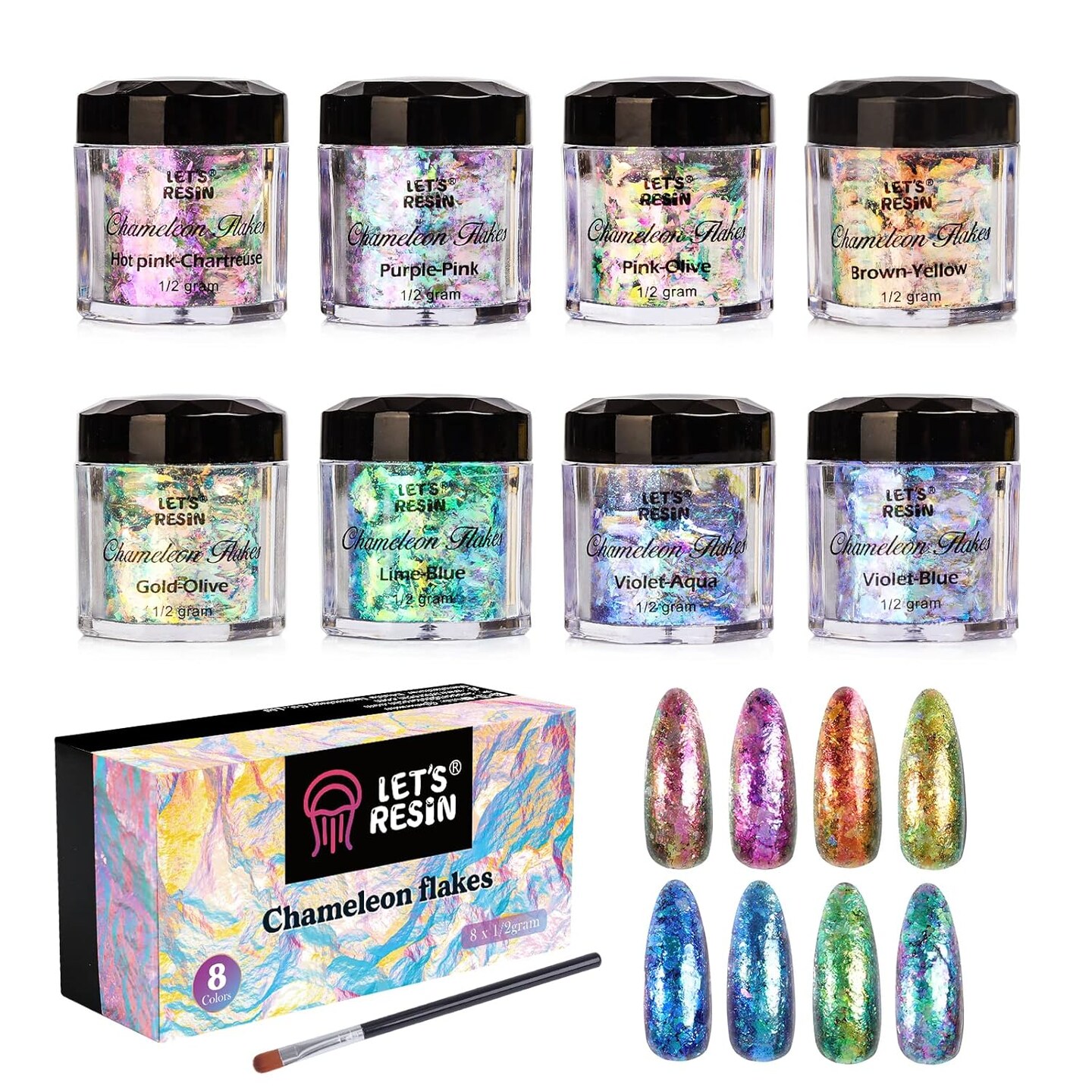 LET&#x27;S RESIN Chameleon Chunky Flakes, Resin Supplies-8 Color Intense Colorshift Pigment Powder For Resin Crafts/Tumblers, Chrome Powder Iridescent Eyeshadow Flakes For Nail Art/Paints/Soap Making