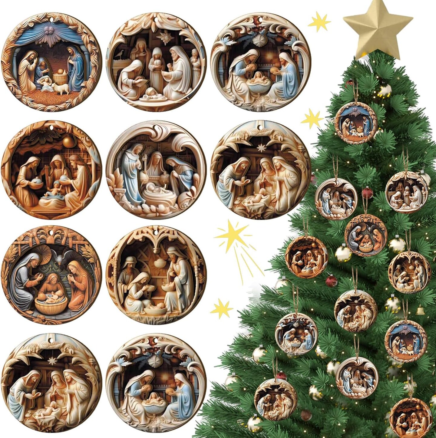16 Pcs Nativity Scene Ornaments Religious Christmas Wooden Hanging Ornament 3D Nativity Christmas Ornament The Birth of Jesus Christian Christmas Decorations for Tree Xmas(Nativity)
