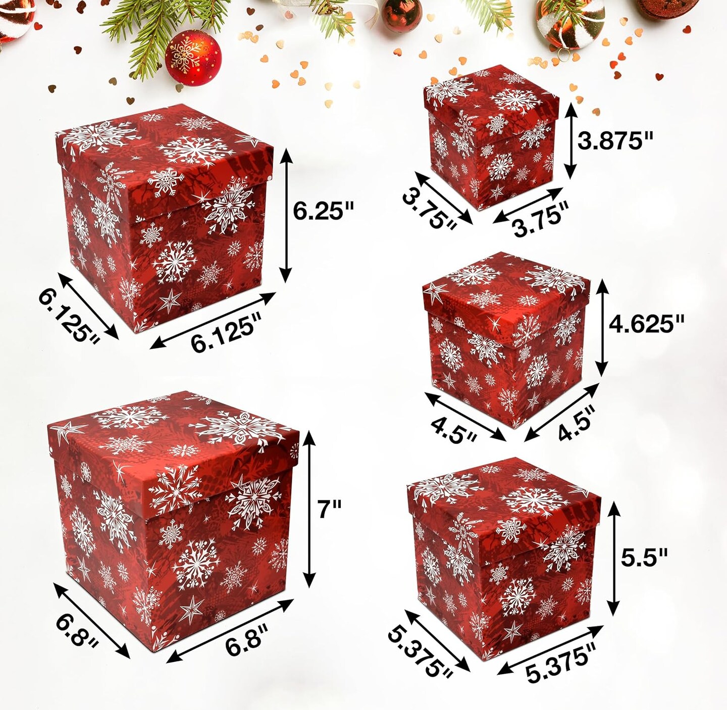 Christmas Nesting Gift Boxes Square 5 Pack Red and White Snowflakes Design Christmas Stacked Gift Box with Lids in 5 Assorted Sizes for Gift Giving Holiday Decorative Gifts Present Wrapping