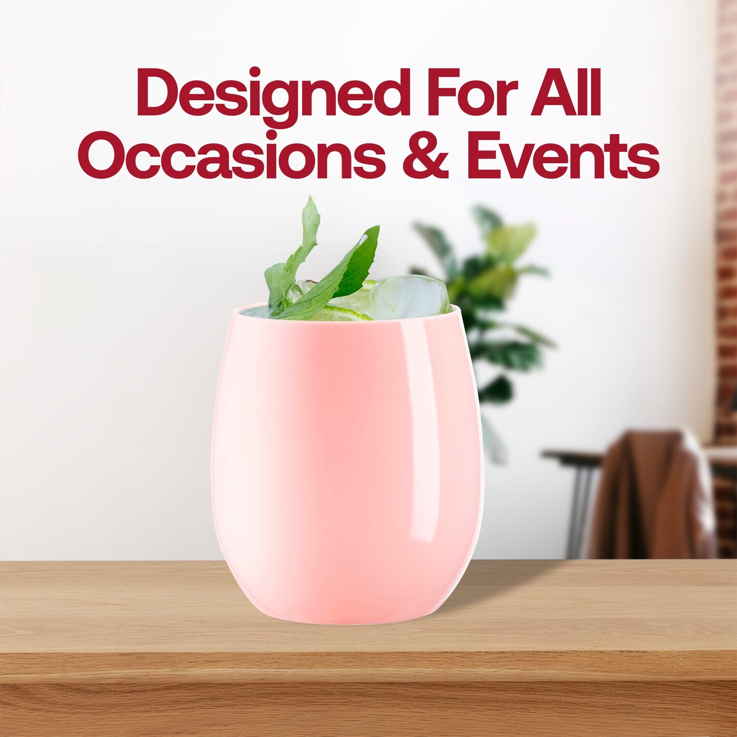 Solid Pink Elegant Stemless Plastic Wine Glasses - 12 oz. (64 Glasses)