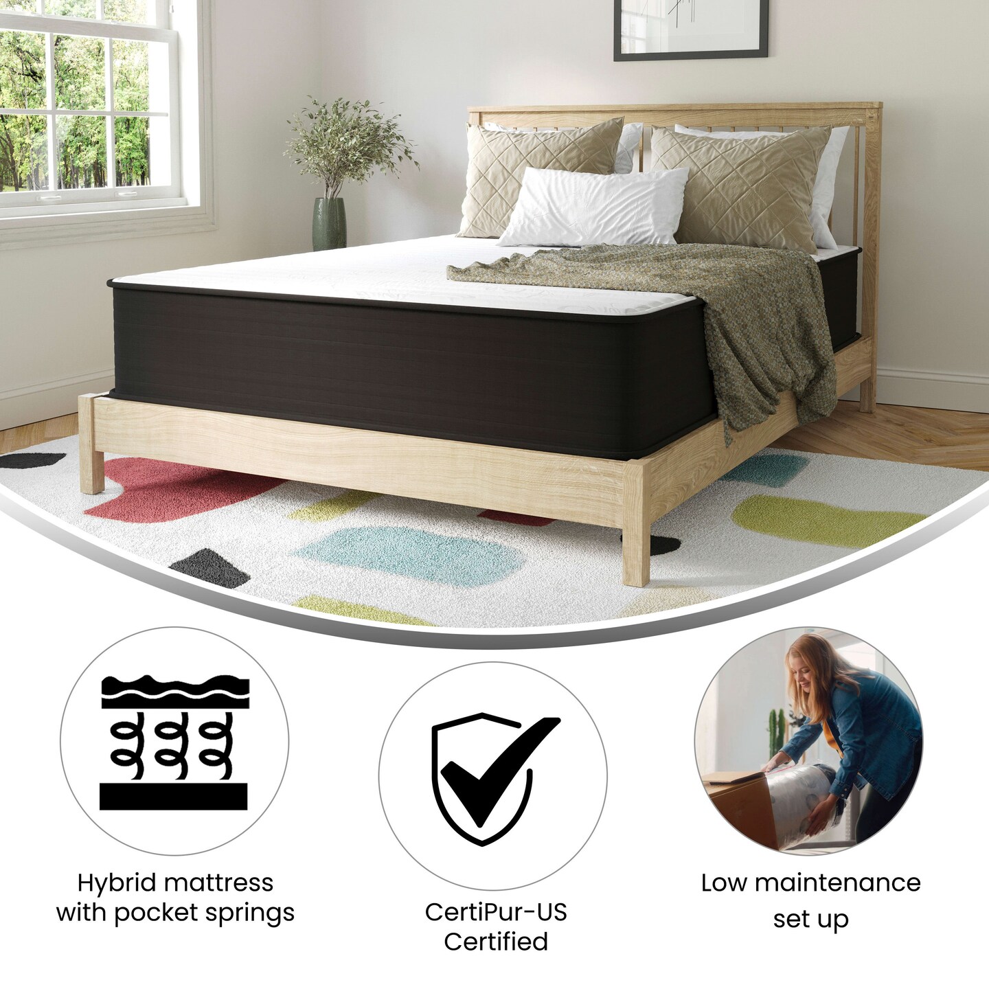 Emma and Oliver Drift 12 Inch Hybrid Mattress, High Density Foam and Pocket Spring Mattress in a Box, CertiPur-US Certified Foam