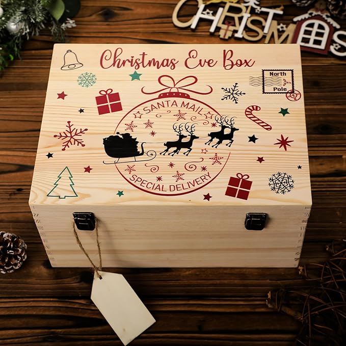 Christmas Eve Box 13 x 10 x 6.4 Inch Christmas Eve Wooden Gift Box with Blank Wooden Sign Personalized Large Pine Box Christmas Eve Gift with Hinged Lid and Front Clasp for Holiday Party