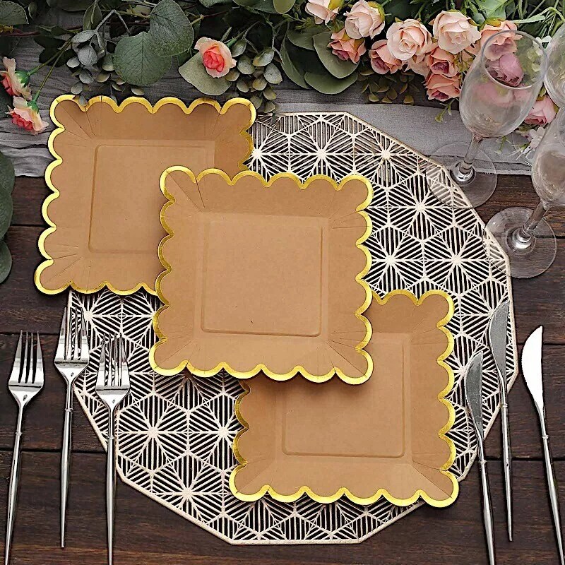 25 Natural 7" Square Disposable Salad Paper PLATES Gold Scalloped Trim Party