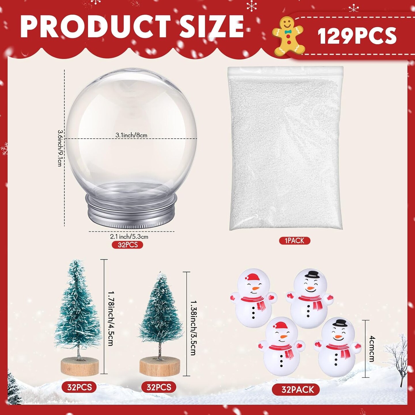 32 Set Christmas Clear Snow Globes Kit Plastic Water Globe with Screw Off Cap Artificial Christmas Trees Small Snowman Snowflakes for Ornaments DIY Crafts Fillable Snow Globes Home Decoration