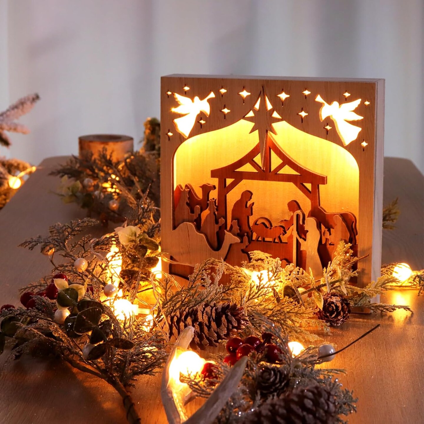 Nativity Sets Christmas Decorations Indoor, Wooden Home Decor with LED String Lights, Nativity Scene Decorations for Christmas Home Display, Table Shelf