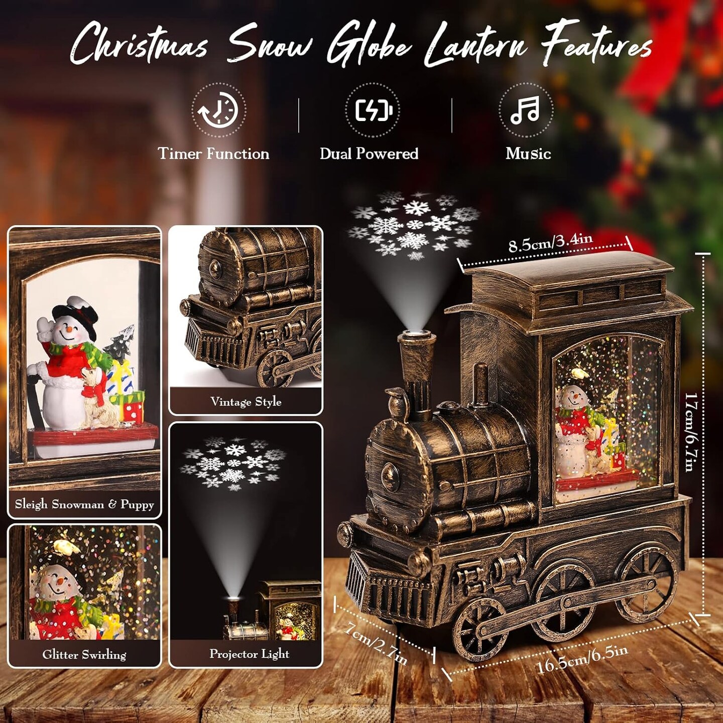 Christmas Snow Globes, Musical Snow Globe Lantern with Snowflake Projection, Vintage Train Snow Globe with Snowman LED Water Swirling Glitter with 6H Timer for Home Decoration, Black Gold
