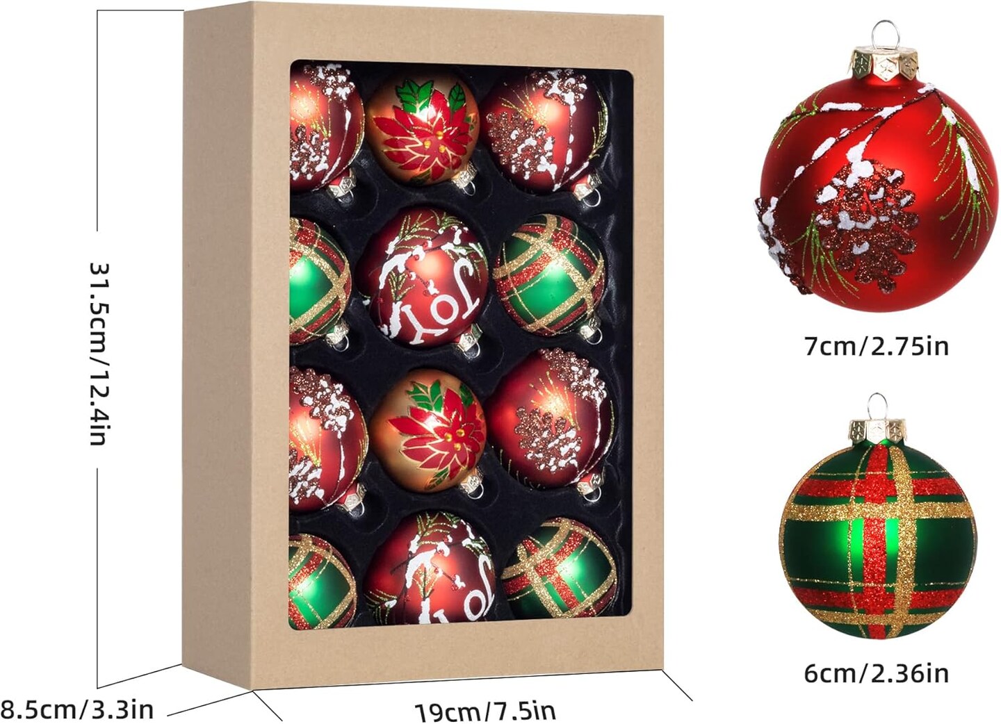 12-Piece Christmas Ornament Set - Colorful Glass Balls for Xmas Tree Decoration - Red, Golden &#x26; Green