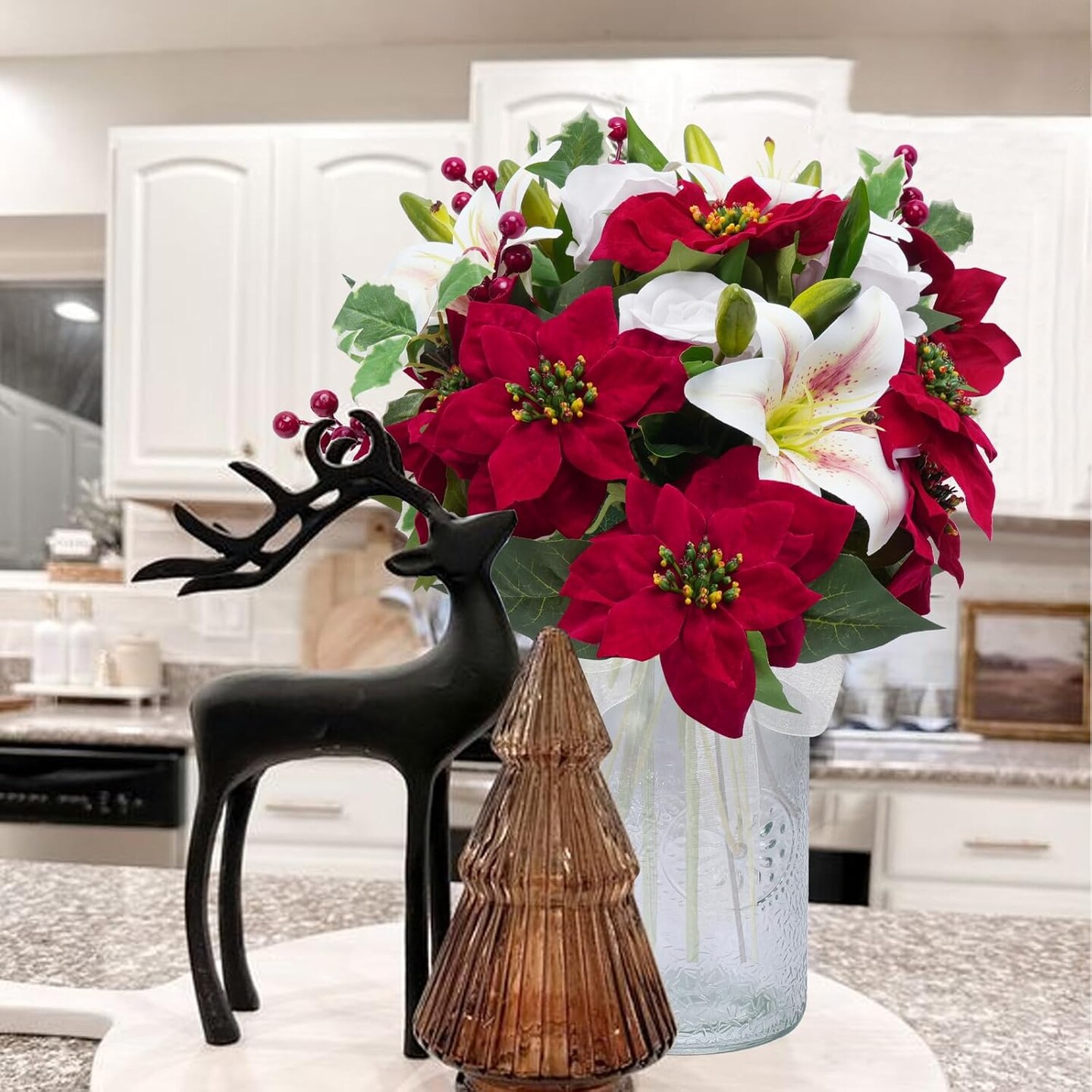 Flowers Head Christmas Flowers Silk Floral Arrangement Tiger Lily Rose with Red Berries for Porch Home Table Decor Indoor Outdoor Xmas Holiday Party