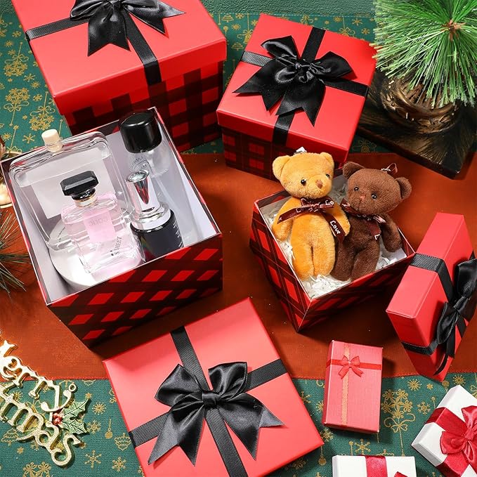 Stackable Boxes Red Black Buffalo Plaid Christmas Decorative Boxes with Lids Xmas Nested Boxes for New Year Holiday Birthday Party Gift Decor