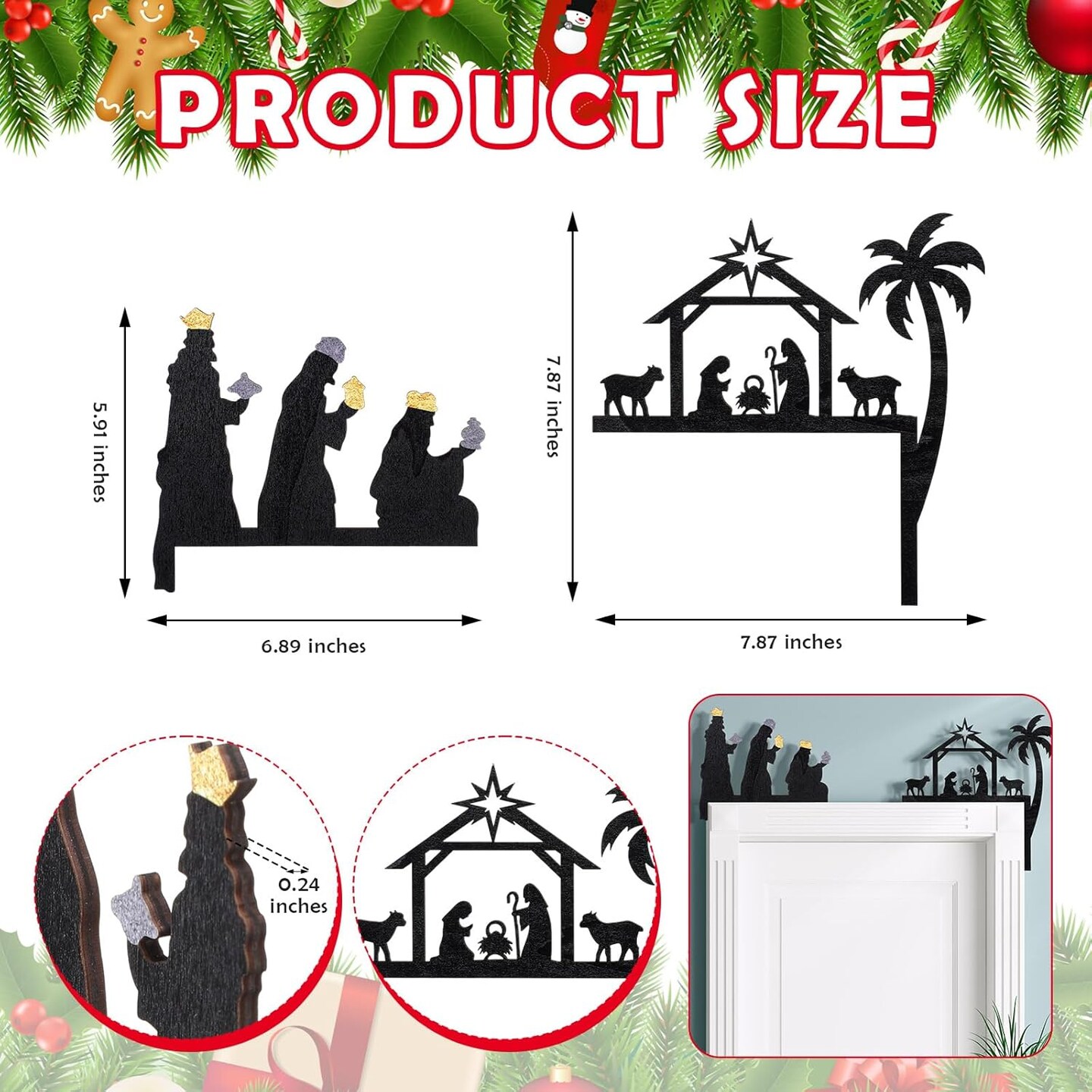 2 Pcs 2024 Christmas Door Topper Jesus Nativity Top Door Frame Decoration Christian Front Door Corner Sign Decor Home Wooden Xmas Party Ornament Table Decor Props Gift for Wall Window DIY