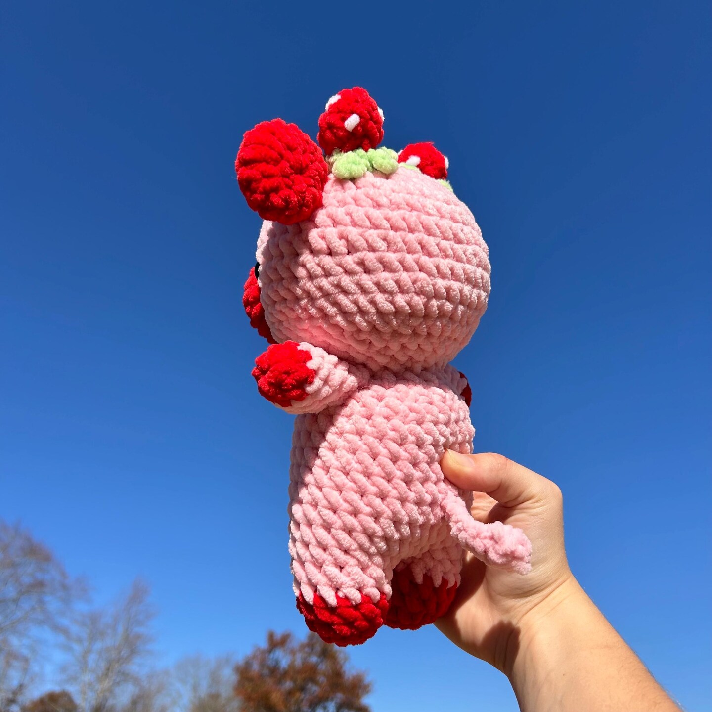 Strawberry crochet cow, fluffy custom plushie, pink and red cow