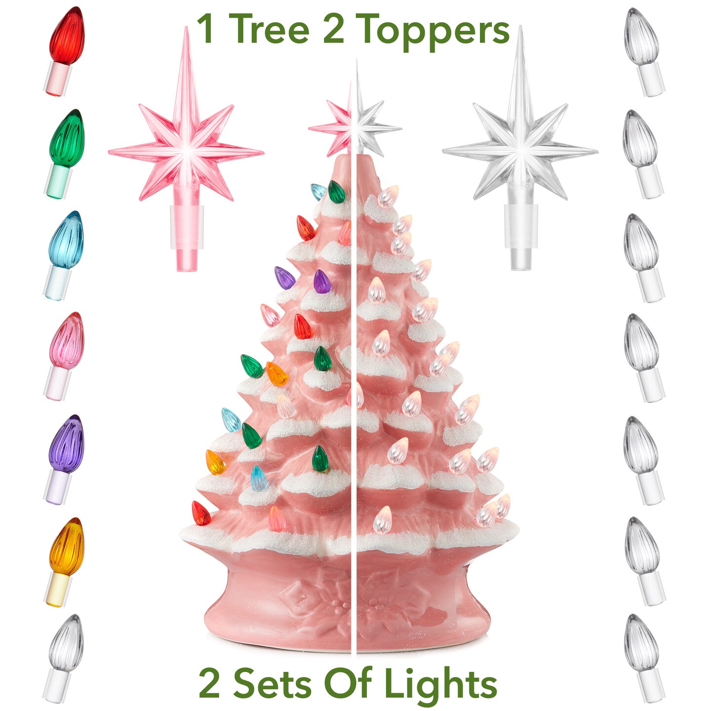 Casafield Hand Painted Ceramic Christmas Tree, Pink Snow Flocked 15-Inch Pre-Lit Tree with 128 Multi Color Lights and 2 Star Toppers