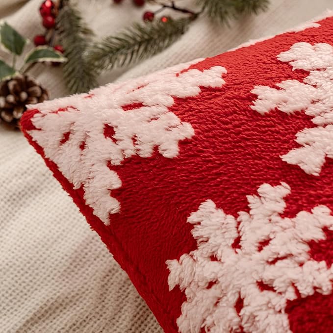 Set of 2 Christmas Decorative Throw Pillow Covers Soft Faux Wool Fuzzy Short Fleece Cute Couch Cushion Case with White Snowflake Pillowcase for Home Decor Sofa Bed Living Room 18×18 Inch, Red