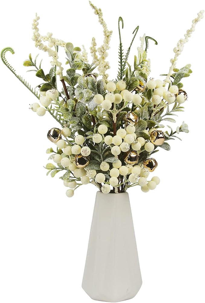 Flower Arrangement- Christmas White Holly Berry with Eucalyptus Branches for Wedding Bouquet Holiday Home Decor and Crafts (White, 5)