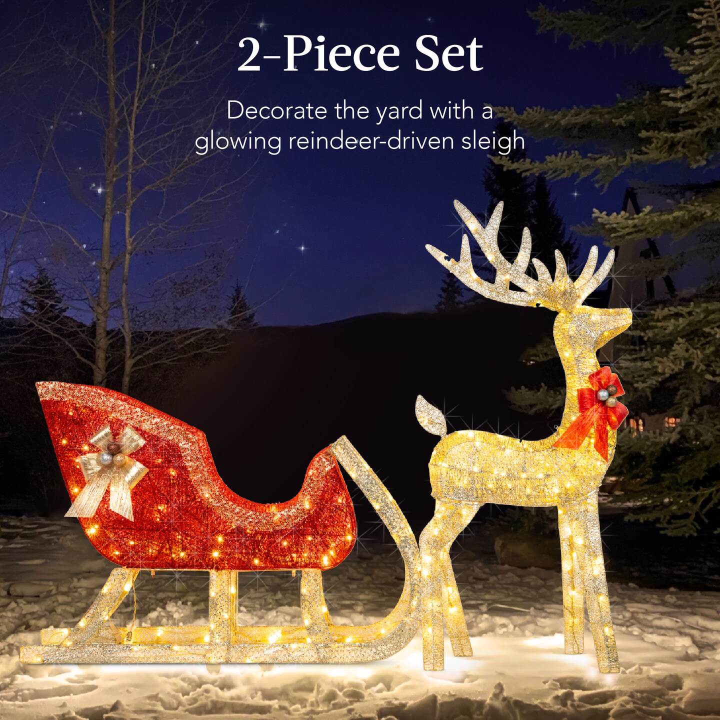 Best Choice Products Lighted Christmas 4ft Reindeer &#x26; Sleigh Outdoor Yard Decoration Set w/ 205 LED Lights, Stakes