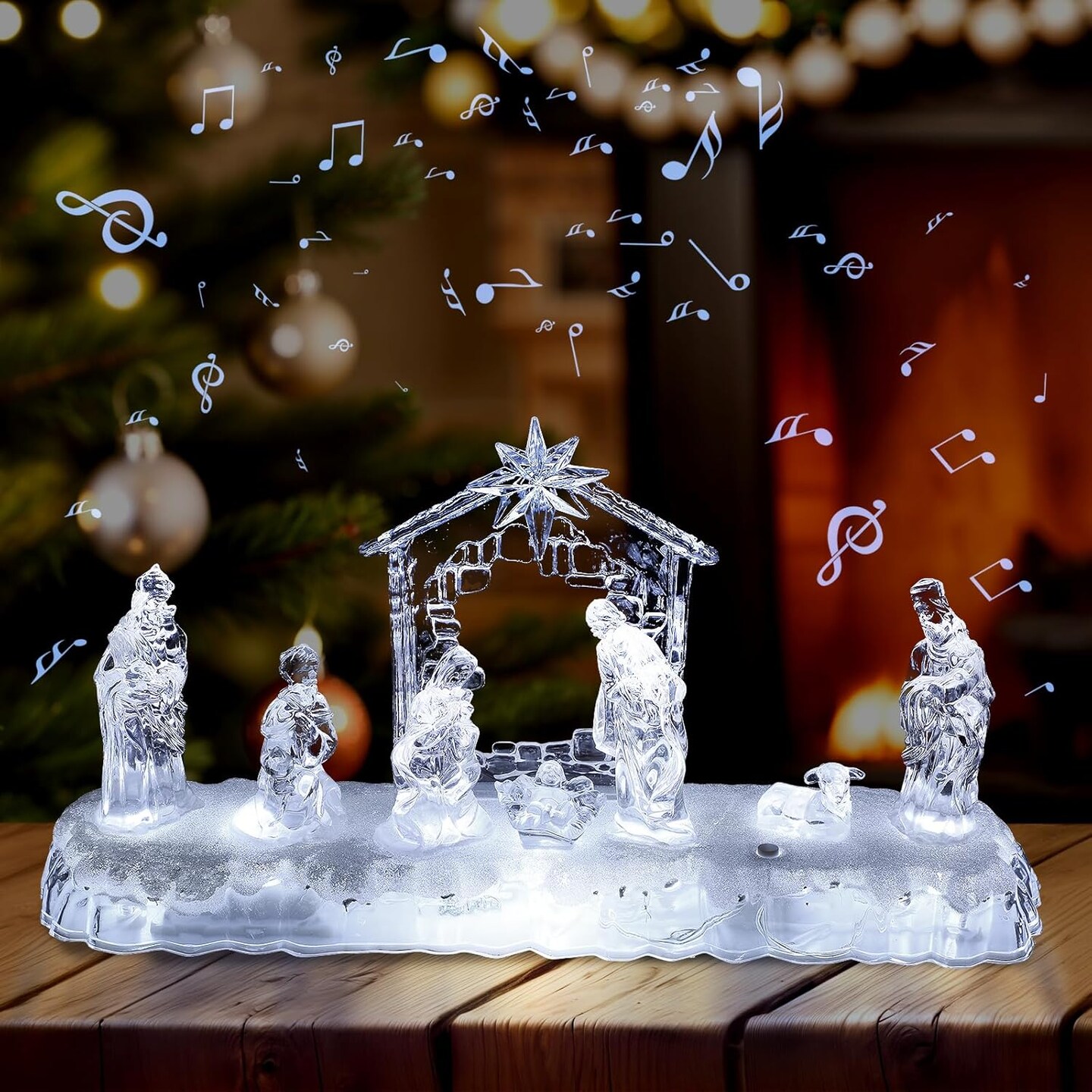 13 Inch Nativity Sets Indoor Decor for Christmas LED Acrylic Clear Lighted Musical Nativity Scene People Set Decorations for Xmas Home Table Shelf Christmas Religious Gift