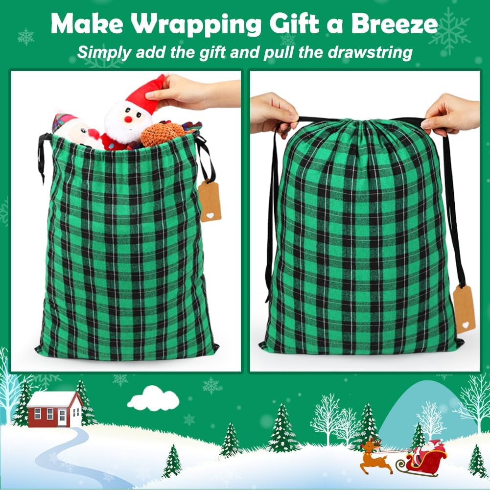 Fabric Christmas Gift Bags Assorted (Large 20in, Medium 16in, Small 12in), 9pcs Cotton Gift Wrapping Sacks Cloth Pouches for Xmas Presents