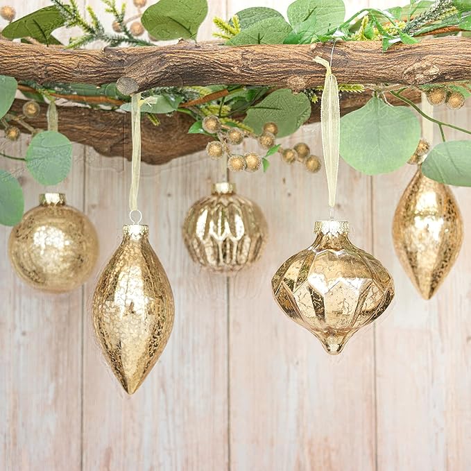 Set of 8 Champagne Gold Hanging Christmas Balls Finials for Christmas Tree Decoration Holiday D&#xE9;cor