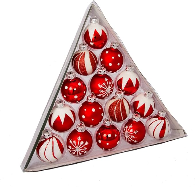 Red/White Decorated Glass Ball Ornament Set of 15, 15 Count for Christmas