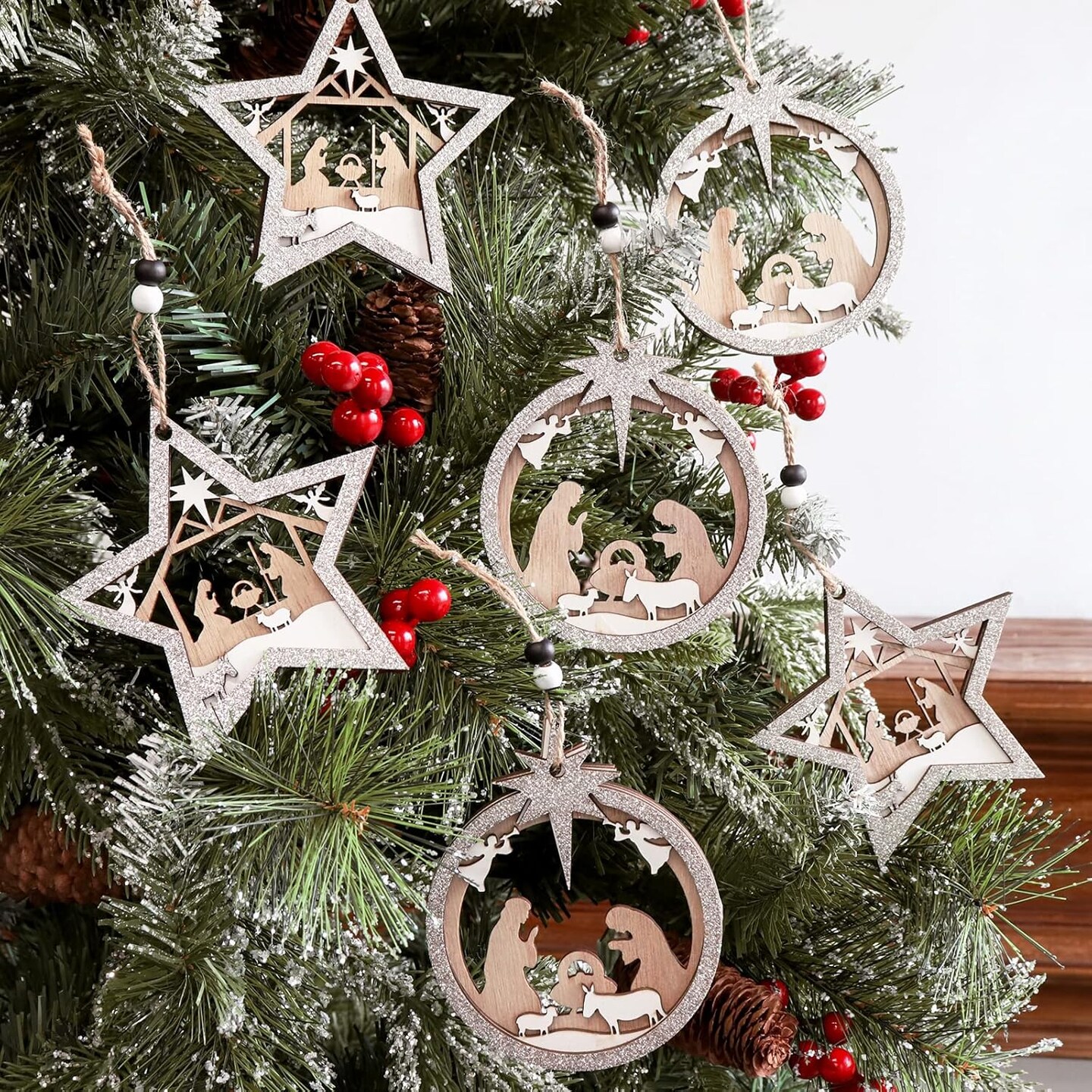 Christmas Decorations Indoor Nativity Scene Ornaments, 6 Set Wooden Christian Tree Ornaments, 3-Layer Sliver White Carved Wood The Birth of Jesus Decorations, Religious Xmas Decor for Home