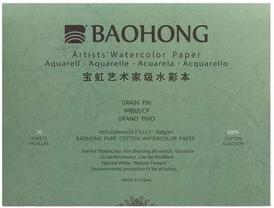 BAOHONG Artists‘ Watercolor Paper 100% Cotton, 140lb/300gsm, Watercolor Block, 20 sheets, Cold Press