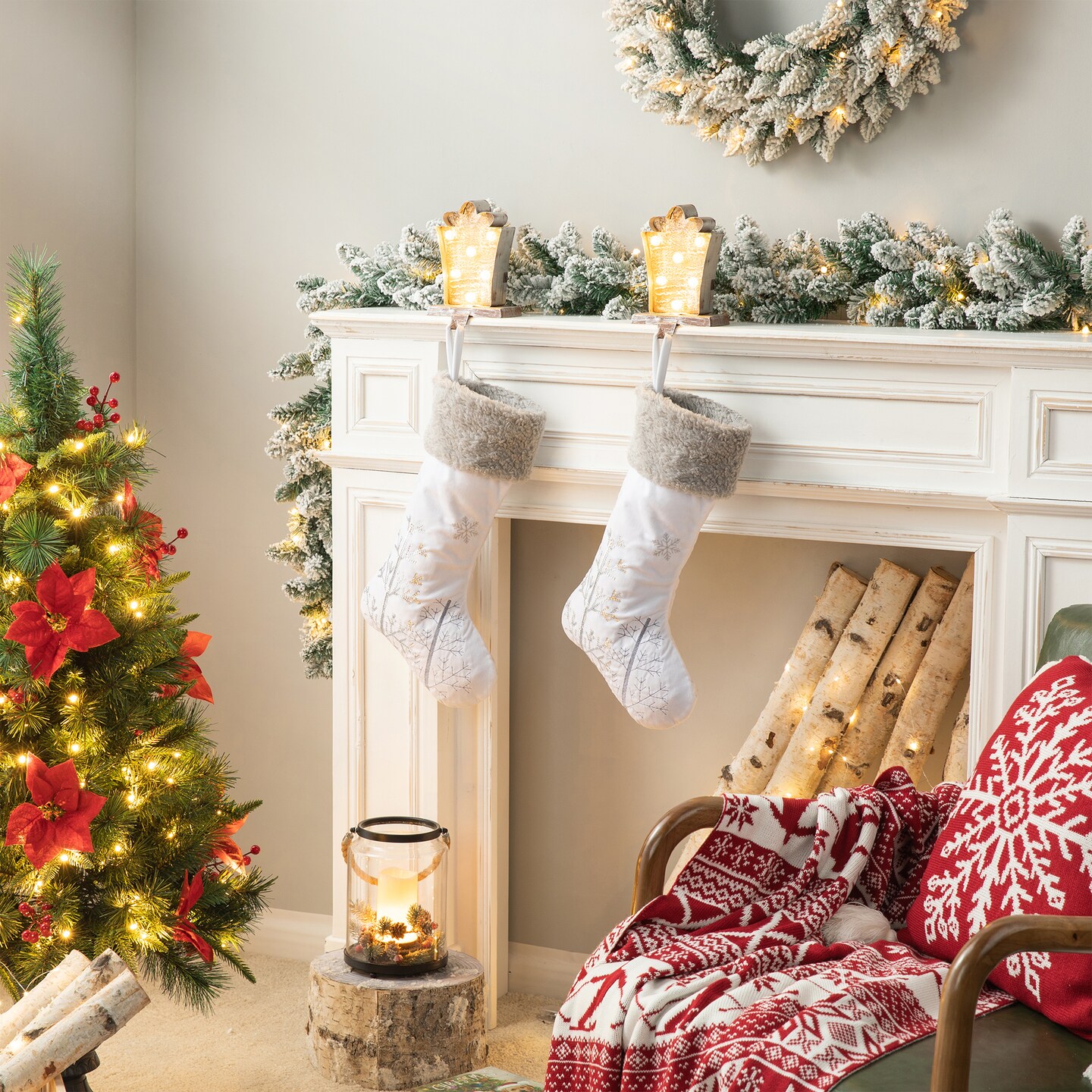 Set of 2 7.50&#x22;H Marquee LED Wooden/Metal Gift box Stocking Holders