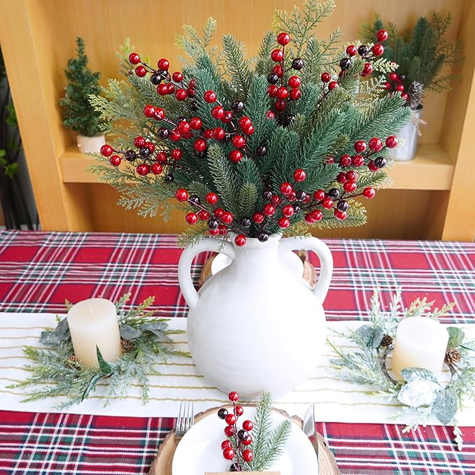 Branches Red Berry Picks Fake Greenery Plants Pine Sprigs Christmas Tree Stems 8.1&#x22;-12&#x22; for Holiday Christmas Tree DIY Garland Centerpiece Floral Arrangement