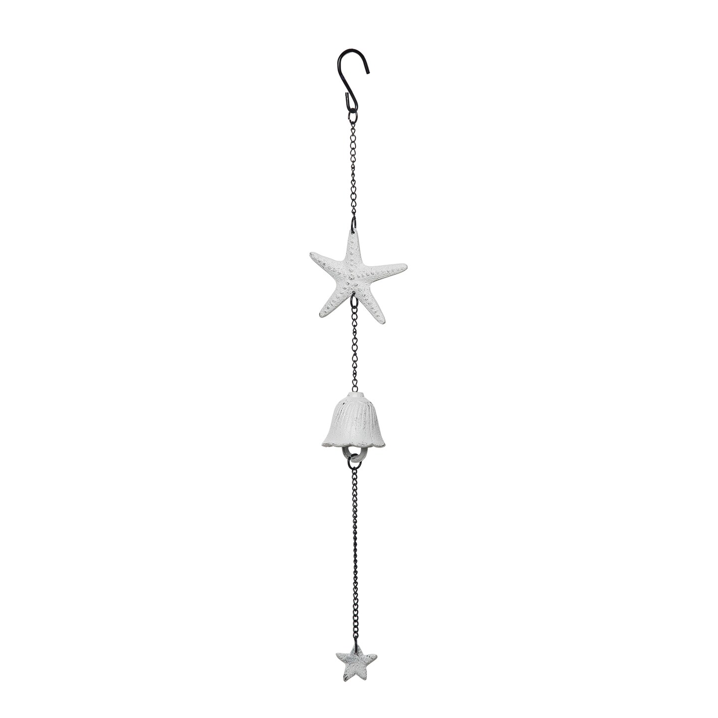 Coastal Themed White Starfish with Bell Accent Iron Wind Chime Hanging Decor, 17.52 in.