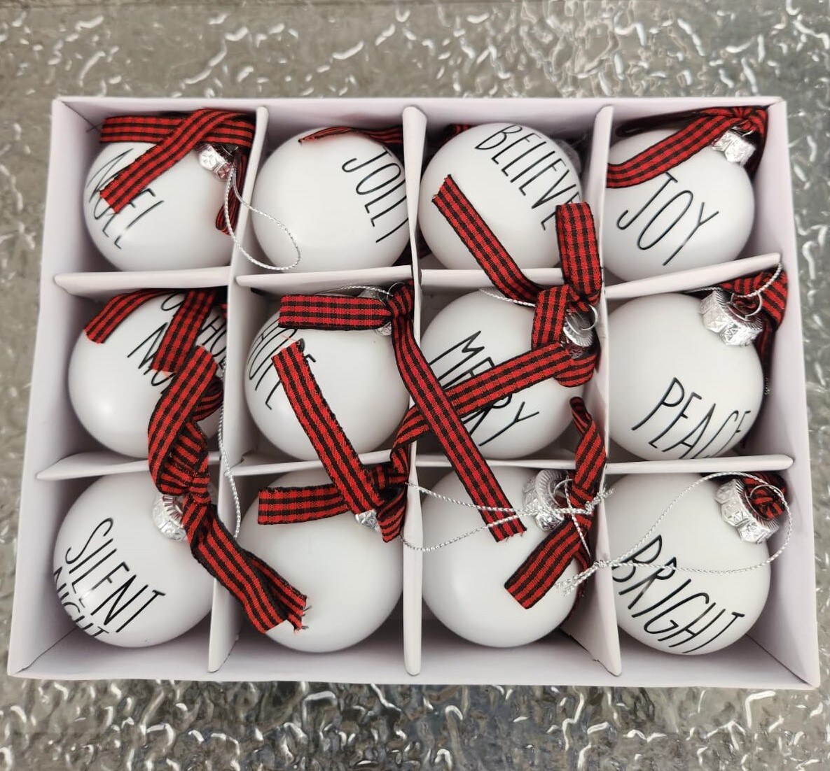 Set of 12 Christmas Ball Ornaments Shatterproof White Bulbs with Buffalo Plaid Bows Farmhouse Christmas Tree Decor Decorative Christmas Tree Hanging Ornaments