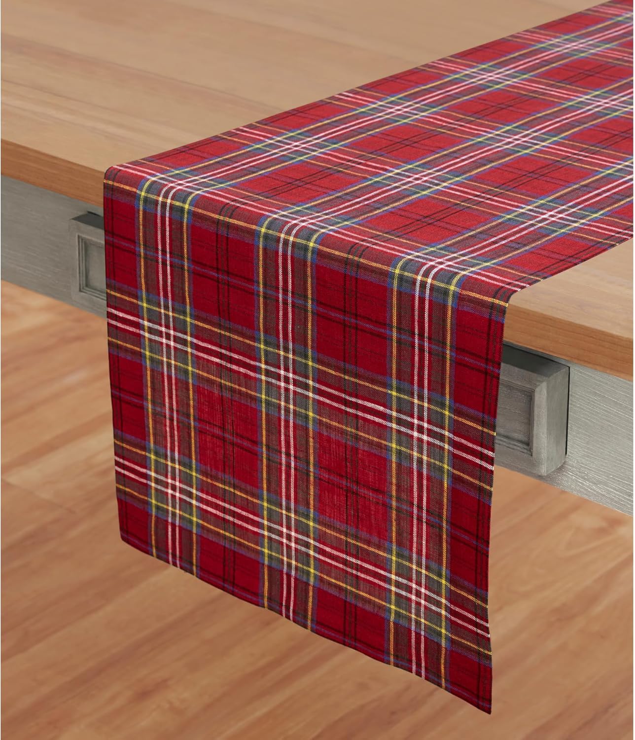 Christmas Table Runner 108 inches Long – 100% Pure Linen Red Classic Tartan Plaid Table Runner 14 x 108 Inch – Machine Washable Table Runner