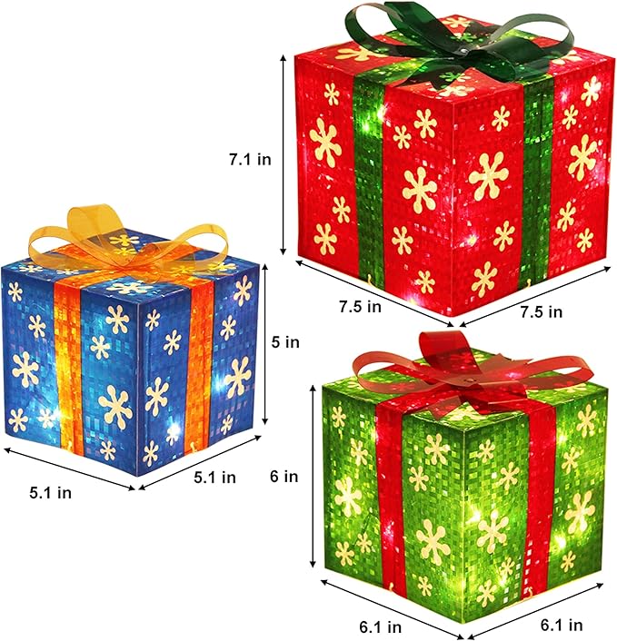 Set of 3 Lighted Gift Boxes Christmas Decorations, Red Green and Blue Present Boxes, Christmas Home Gift Box Decor