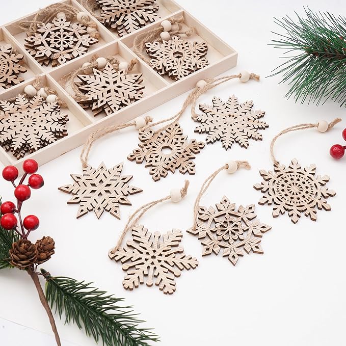 Hanging Wood Snowflake Crafts Hollowed Embellishments for Christmas Tree Decor, 3inch, Wood
