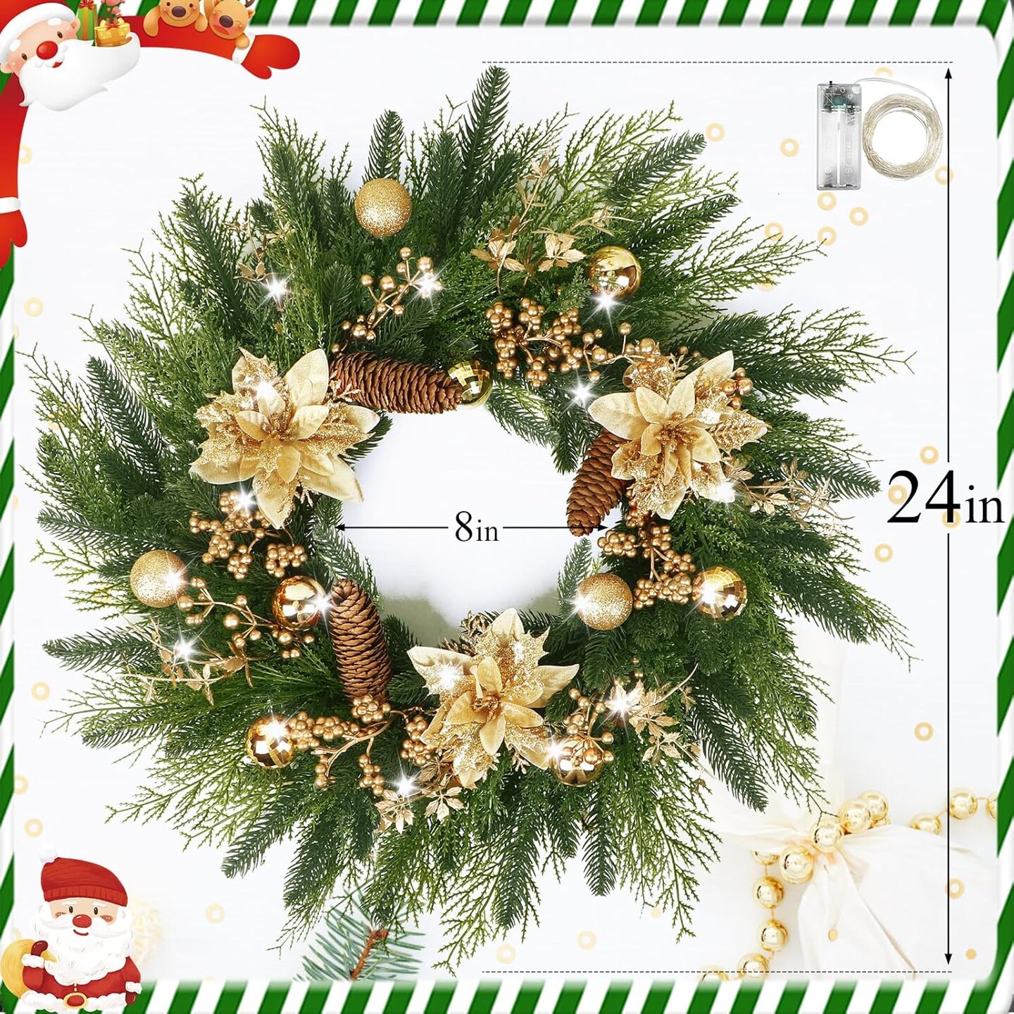 24&#x201D; Christmas Wreaths for Front Door, Christmas Wreath with Lights Gold Flower Berry Leaves Ball, Glittering Wreath Decor Home Christmas New Year Gift