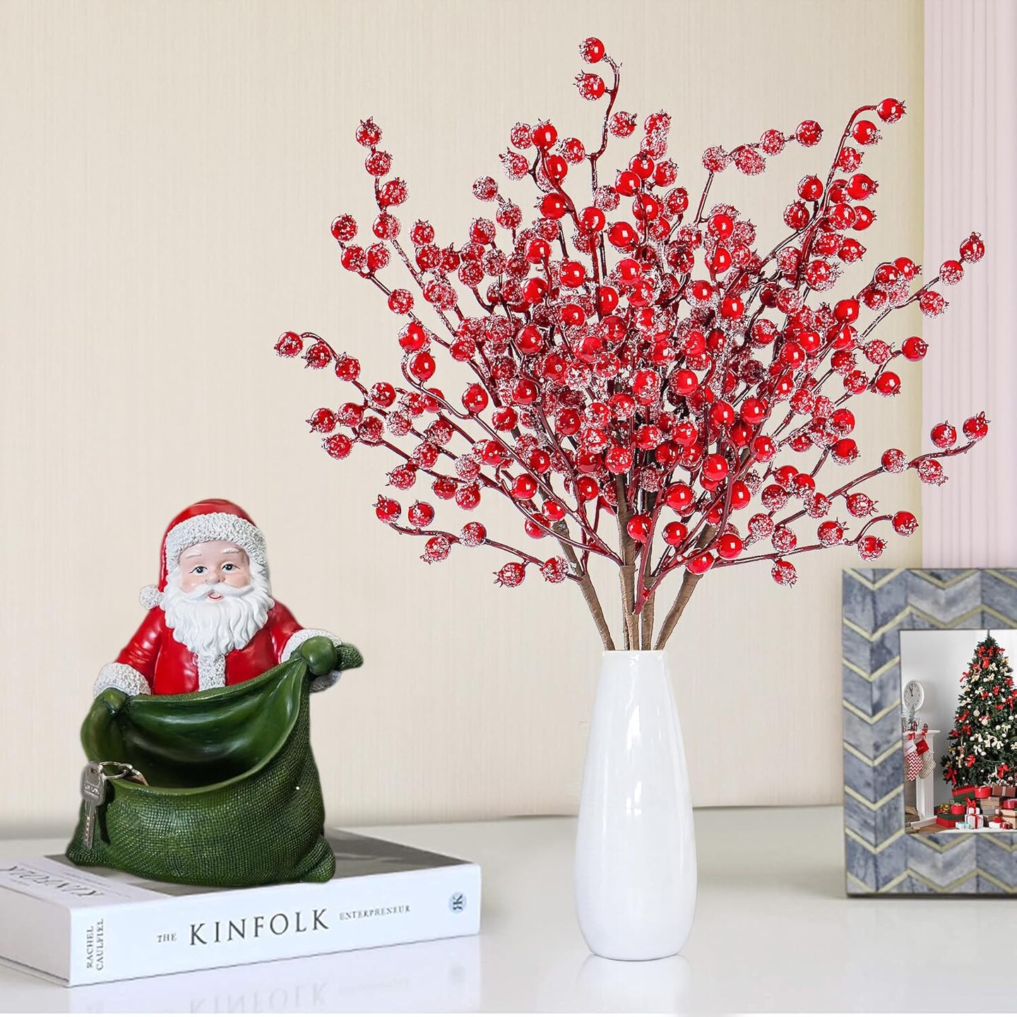 6 Pack Snow Frosted Artificial Red Berry Stems Snowy Christmas Red Berries Holly Berry Branches 17 Inches Fake Berry Picks for Floral Arrangements Christmas Tree Holiday Home DIY Crafts Decor