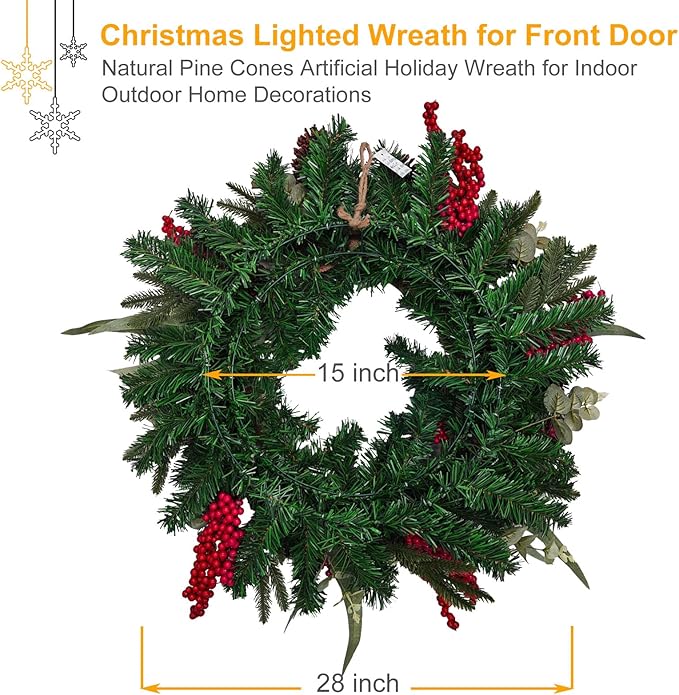 28’’ Pre-Lit Artificial Christmas Wreath, Battery Operated 35 LED Lights with Leaves, Red Berries, Natural Pine Cones, and a Linen Bow for Front Door, Xmas Wreath for Holiday Christmas Decorations