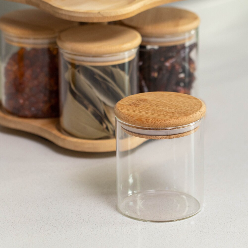 Basicwise Minimalist Two-Tier Bamboo Lazy Susan Turntable with 8 Pcs 12 oz Airtight Lid Glass Jars, Versatile Spice Rack Organizer, Perfect for Kitchen Countertops, Dining Tables, and Pantry Cabinets