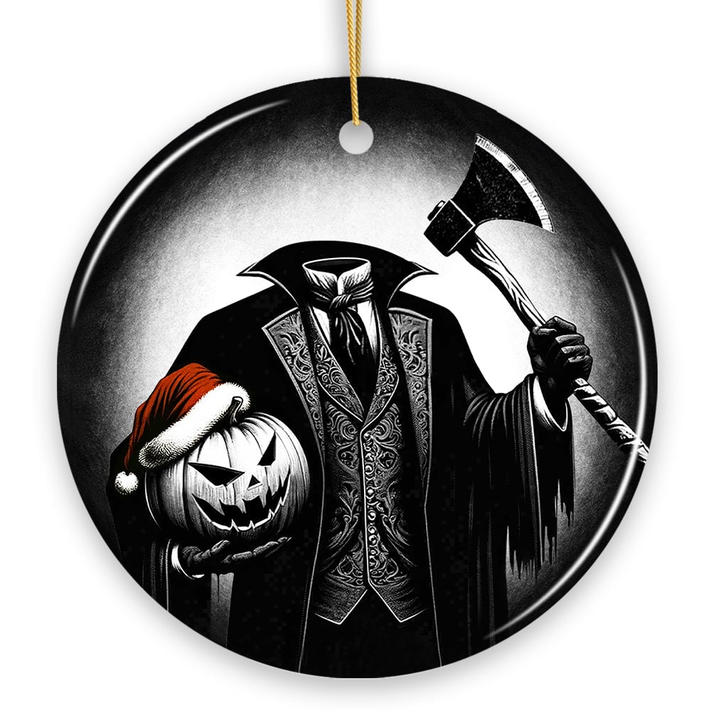Creepy Headless Horseman And Pumpkin With Santa Hat Ornament, Horror Themed Christmas Decor for Halloween Tree