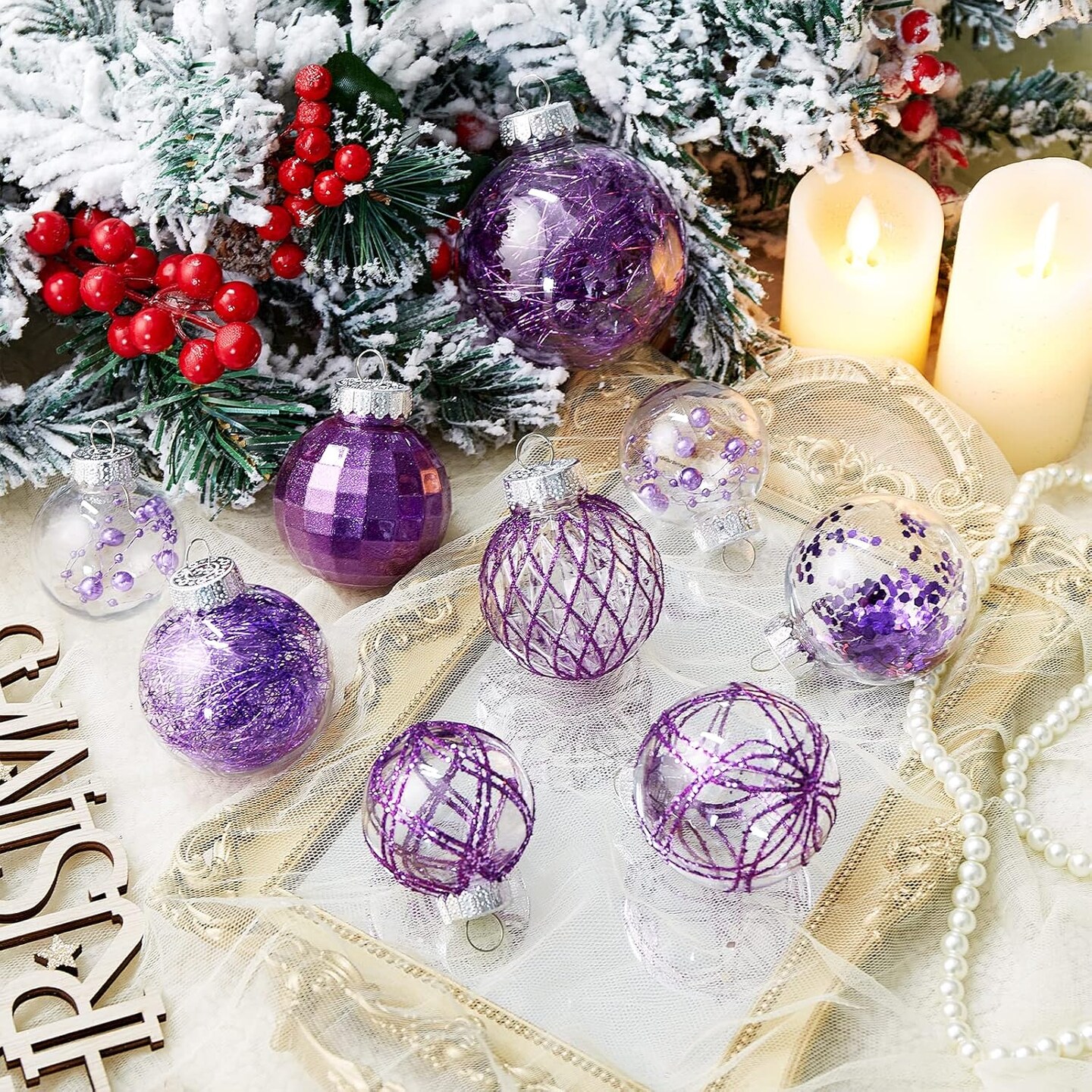 30ct Christmas Ball Ornaments-60mm/2.36&#x22; Shatterproof Clear Plastic Xmas Balls Baubles Set with Stuffed Delicate Sparkling, Hanging Christmas Tree Decorations (Purple)