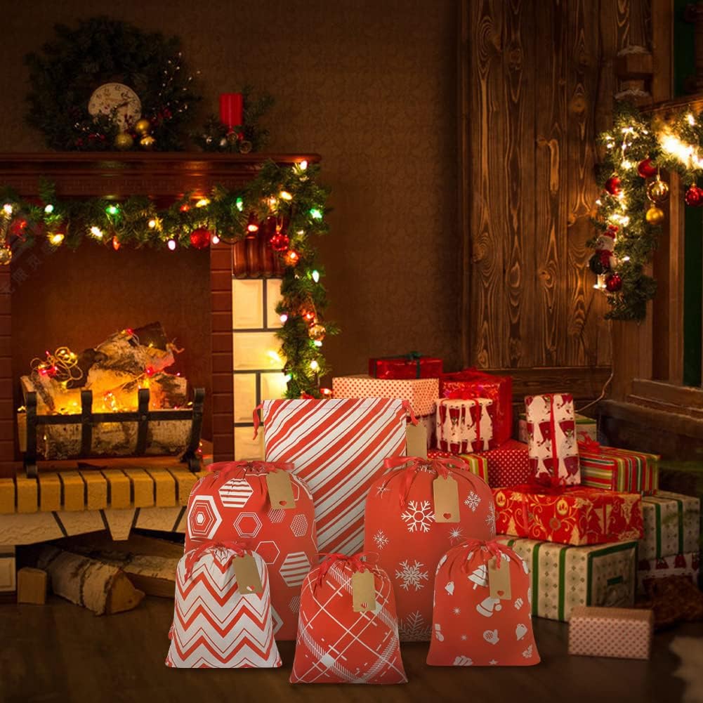 Fabric Drawstring Gift Bags Assorted, 6pcs Reusable Christmas Wrapping Sacks Cloth Pouches for Xmas Presents Party Favor
