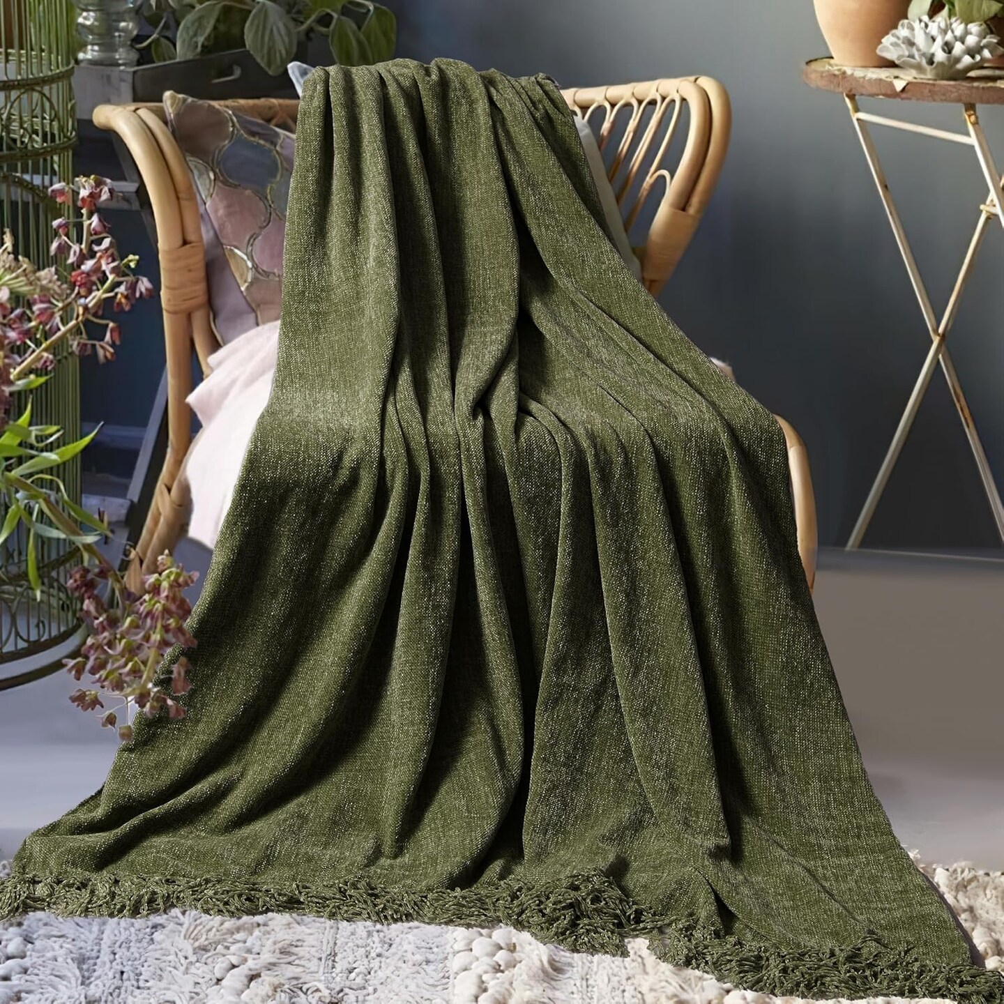 Chenille Throw Blanket for Couch 50&#x22;X 60&#x22;, Soft Cozy Throw Blanket with Fringe Tassel for Bed Sofa Chair, Lightweight Knitted Decorative Farmhouse Boho Throw Blanket for Gift, Olive Green