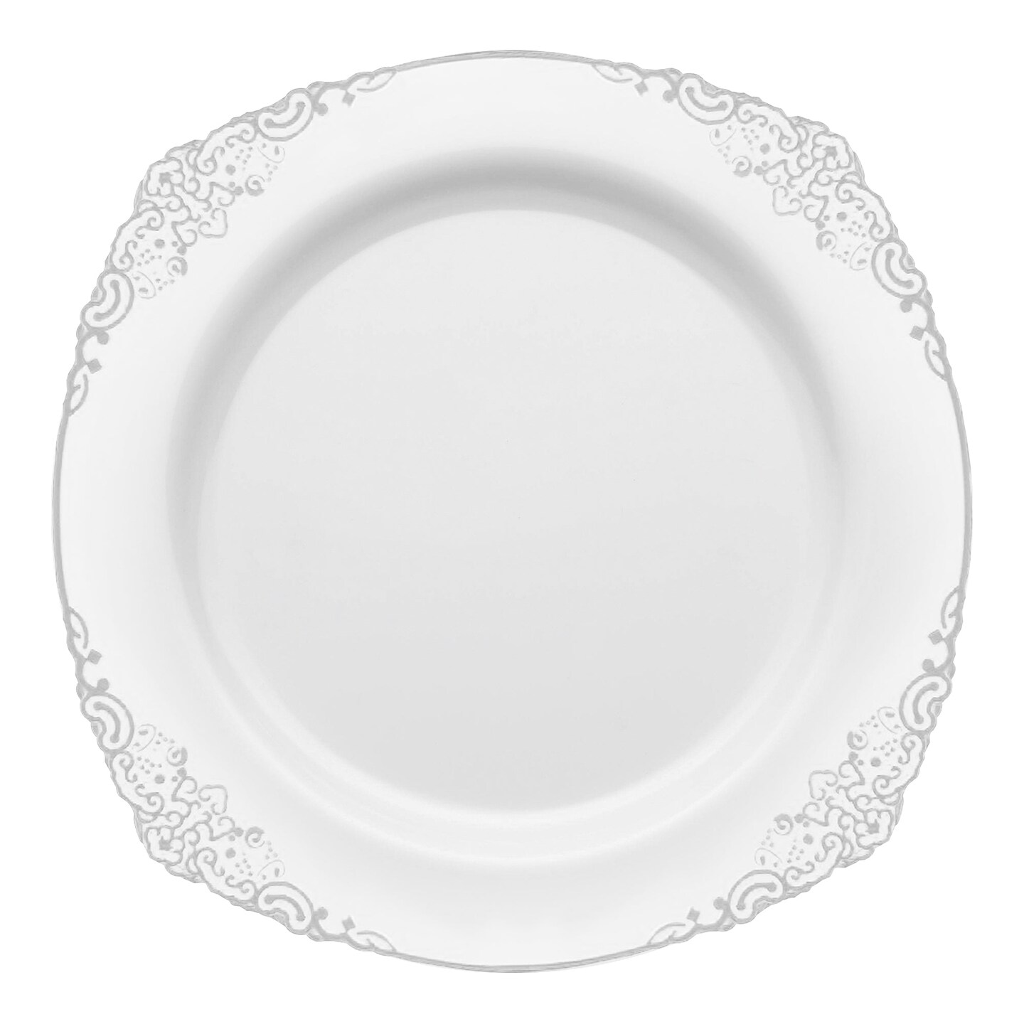 White with Silver Fancy Round Disposable Plastic Dinner Plates - 10.25&#x22; (120 Plates)