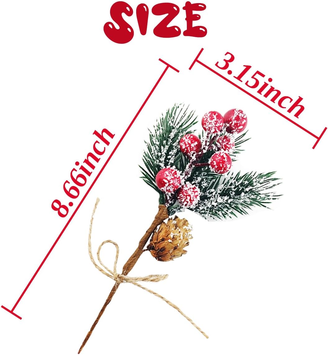 20PCS 8inch Artificial Christmas Floral Picks, Red Fake Berry Picks Stems, Pine Branches with Pinecones Holly Leaves for Vase Floral Arrangement Wreath Winter Holiday Season Decor Crafts